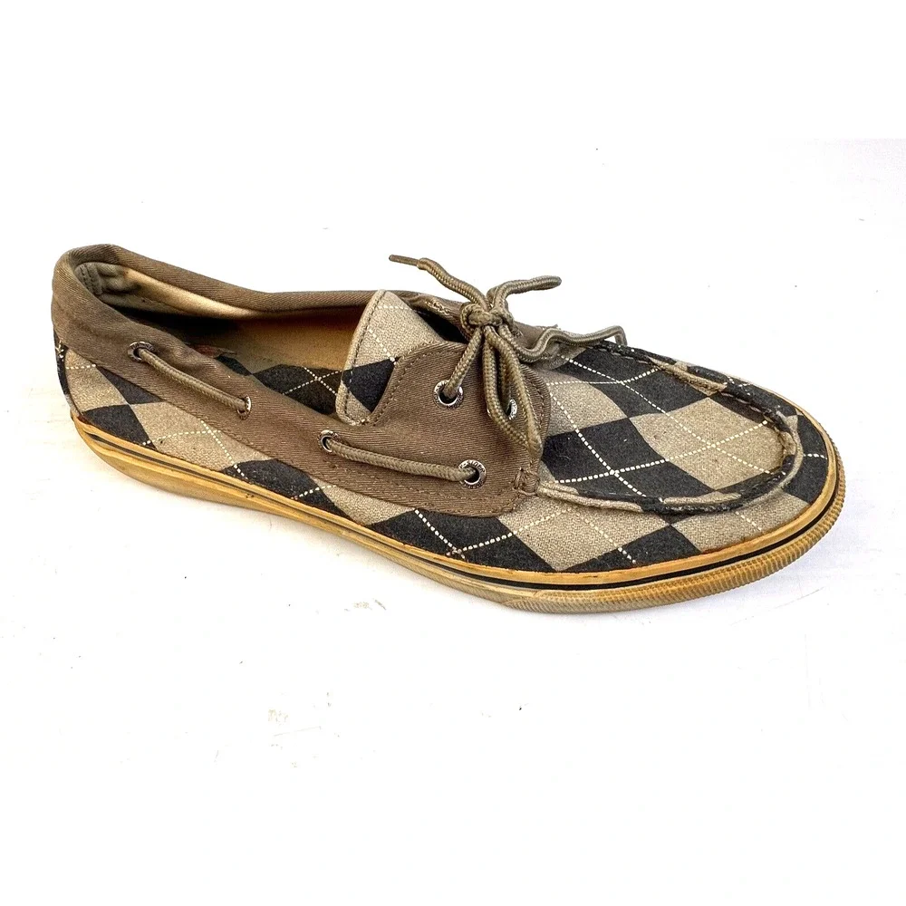 Sperry Topsides Boat Shoes Men's 11.5 M Gray Argyle Preppy Canvas Summer Beach